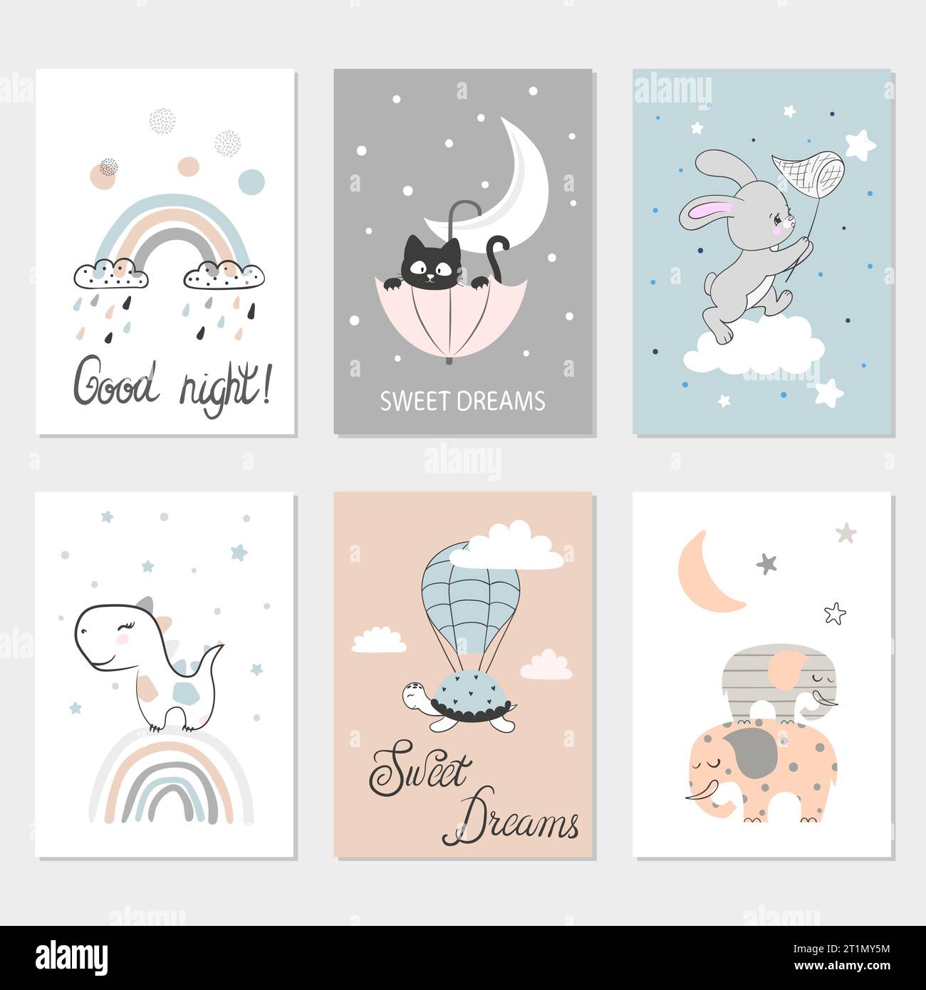 Set von Nachtkarten mit niedlichen Zeichentricktieren, Sternen und Mond. Poster für Babyzimmer. Süße Träume Vektor-Illustration Stock Vektor