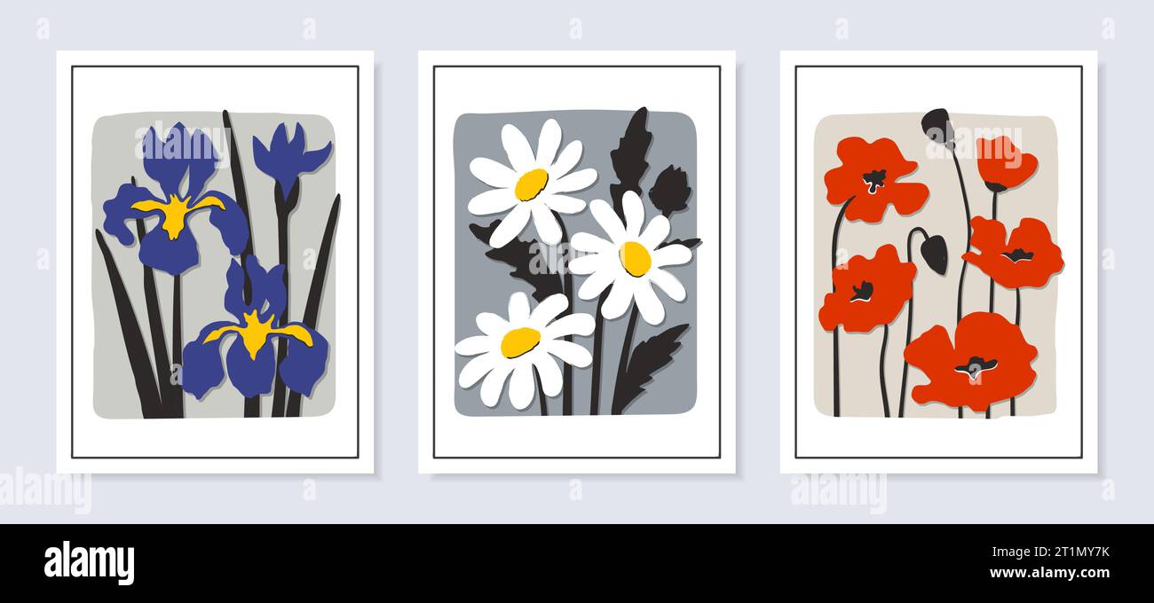 Trendiges Poster-Set mit Blumenmuster. Wandbilder mit hellen Blumen. Vektor Gänseblümchen, Mohn und Iris Illustration Stock Vektor