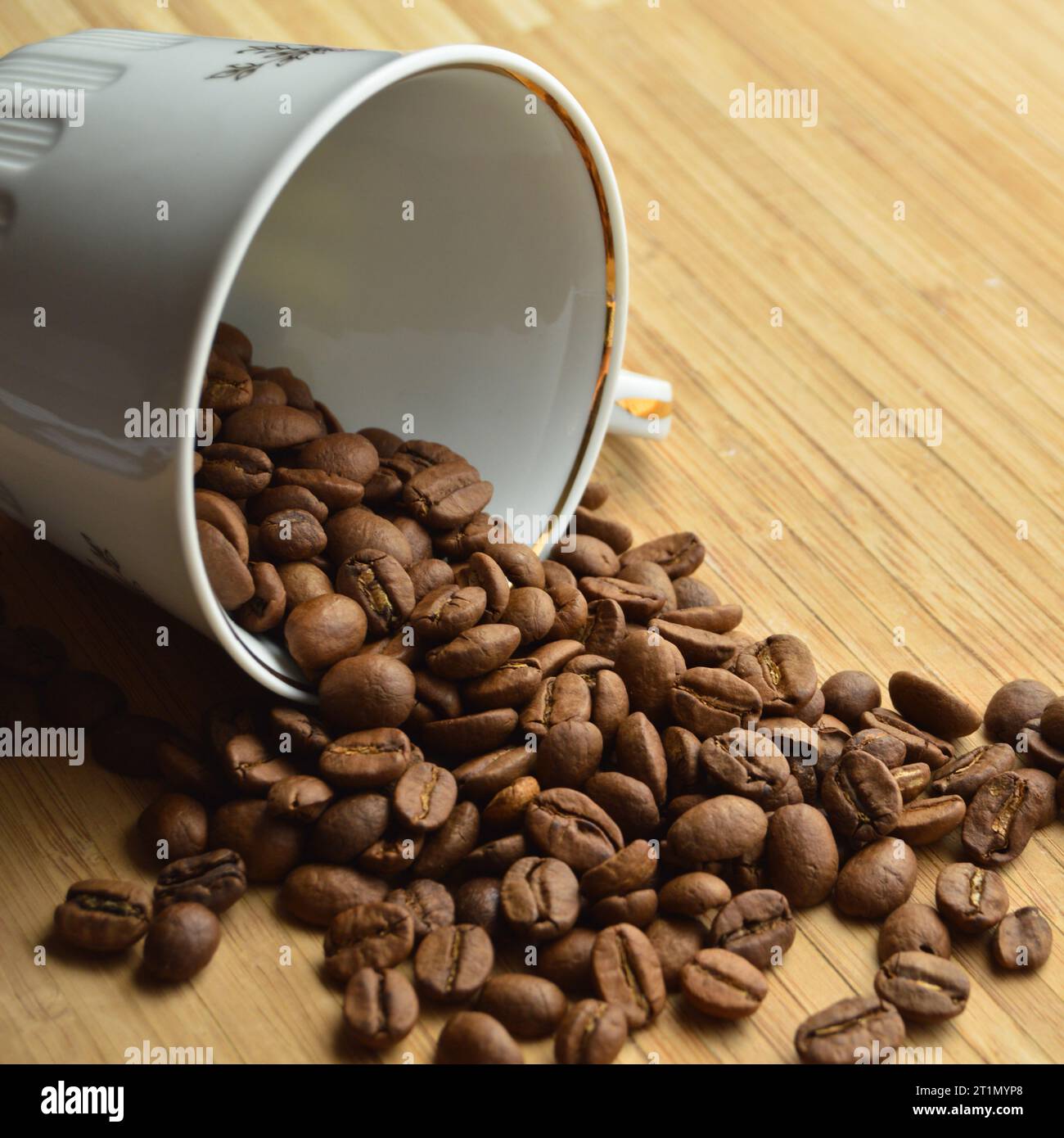 Sorgfältig ausgewählte und geröstete frische Kaffeebohnen in der Tasse auf einem Holztisch Stockfoto