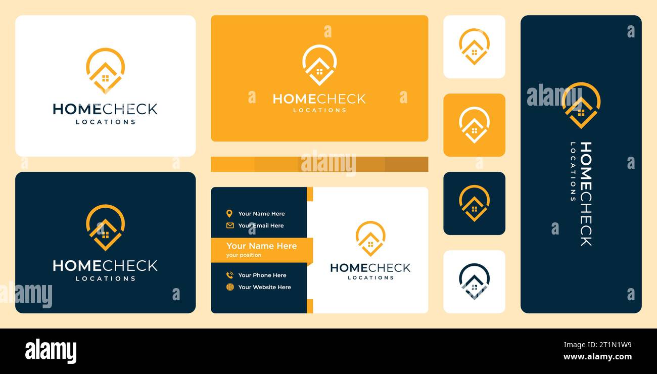 Logodesign-Vorlage mit Häusergebäude und Häkchen grafischer Vektor-Illustration. Symbol, Symbol, Kreativ. Stock Vektor