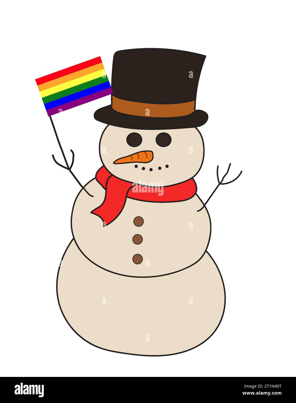 Zeichentrickzeichnung eines Schneemanns, der die Regenbogenflagge für schwulen Stolz hält. Weihnachtsfeier. Clipart-Illustration isoliert auf weißem Hintergrund. Stockfoto