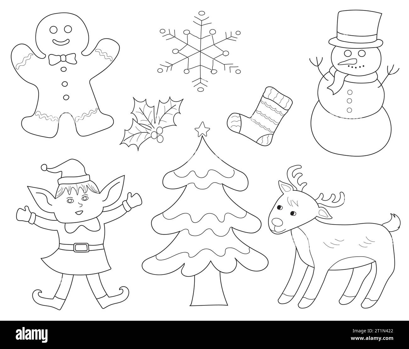 Eine Reihe von schwarz-weißen Zeichentrickzeichnungen mit Weihnachtsfiguren und -Symbolen. Weihnachtsbaum, Schneeflockenform, Rentier, Elf, Schneemann, Lebkuchen, Ho Stockfoto