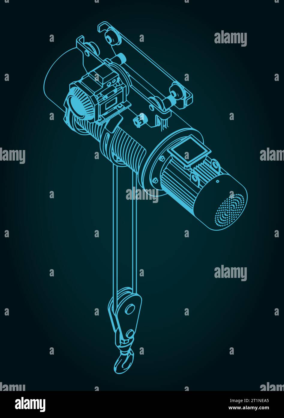 Stilisierte Vektorillustration des isometrischen Blueprints eines Monorail-Hebezeugs Stock Vektor