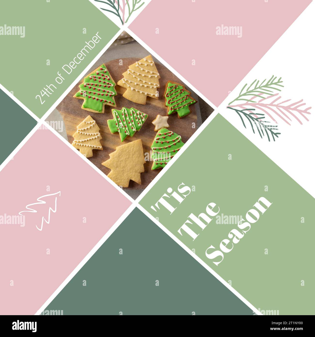 Composite aus 24. dezember und weihnachtsbaumkeksen auf farbigem Hintergrund, Kopierraum Stockfoto