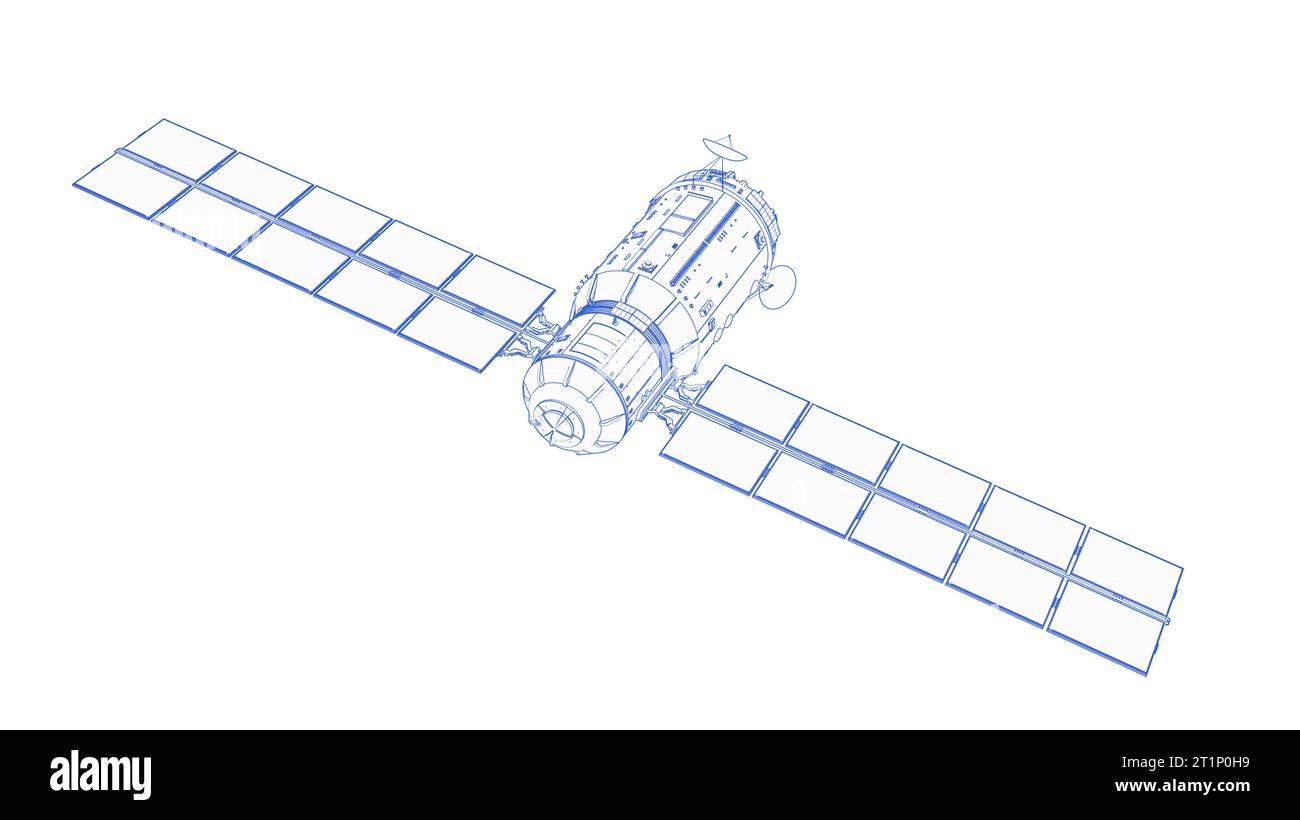 3D-Rendering blau umrissene Satellitenschüssel mit Sonnenkollektor isoliert auf weißem Hintergrund Stockfoto