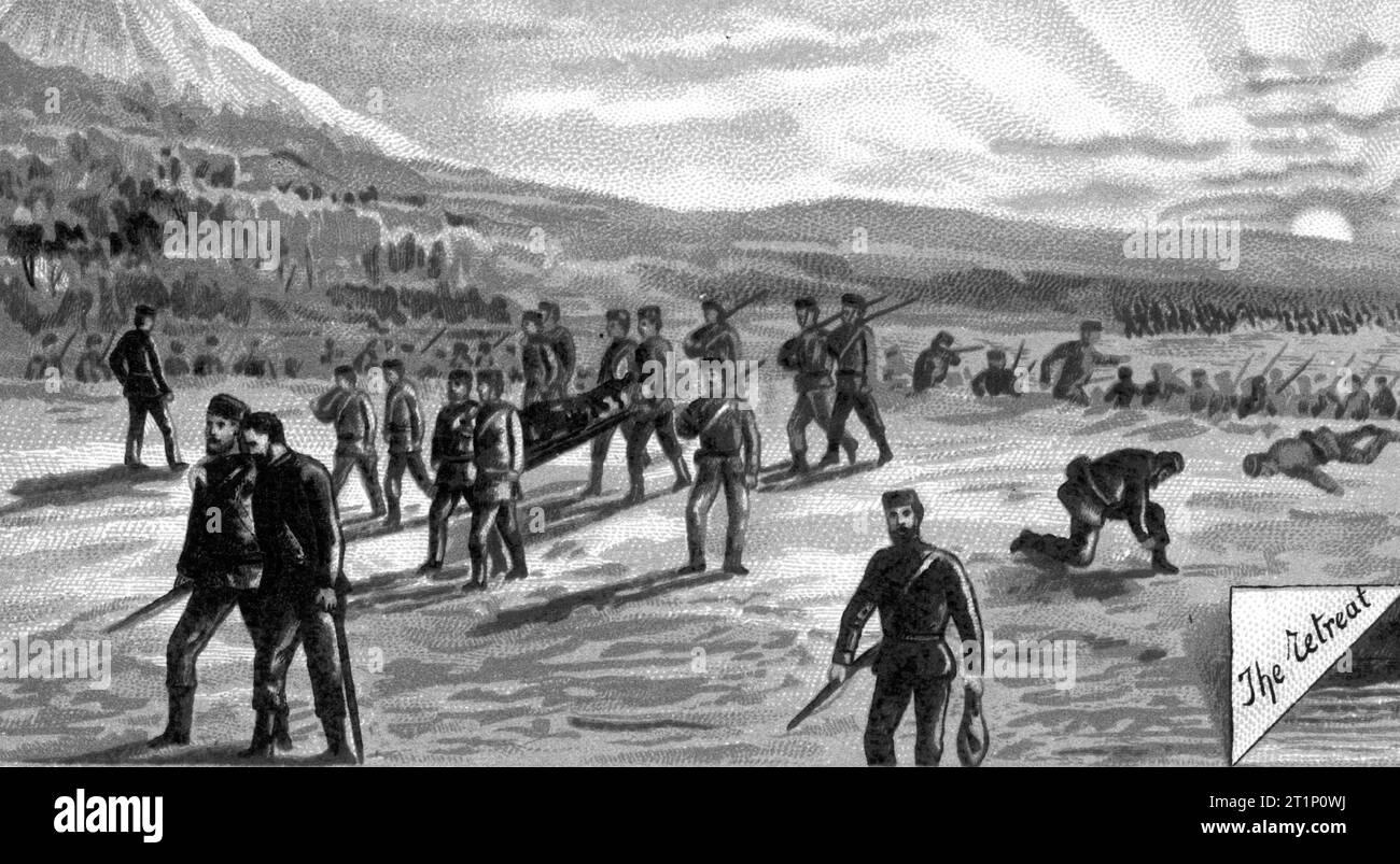 Kolonialeinheiten ziehen sich von einem Angriff zurück, der in den Maori-Landkriegen in Taranaki in Neuseeland in den 1860er Jahren stattfand Stockfoto