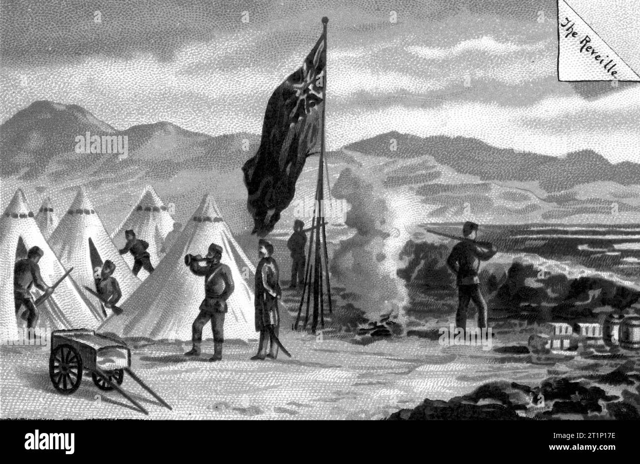 Reveille für Kolonialeinheiten, die in den 1860er Jahren in den Maori-Landkriegen in Taranaki in Neuseeland kämpften Stockfoto