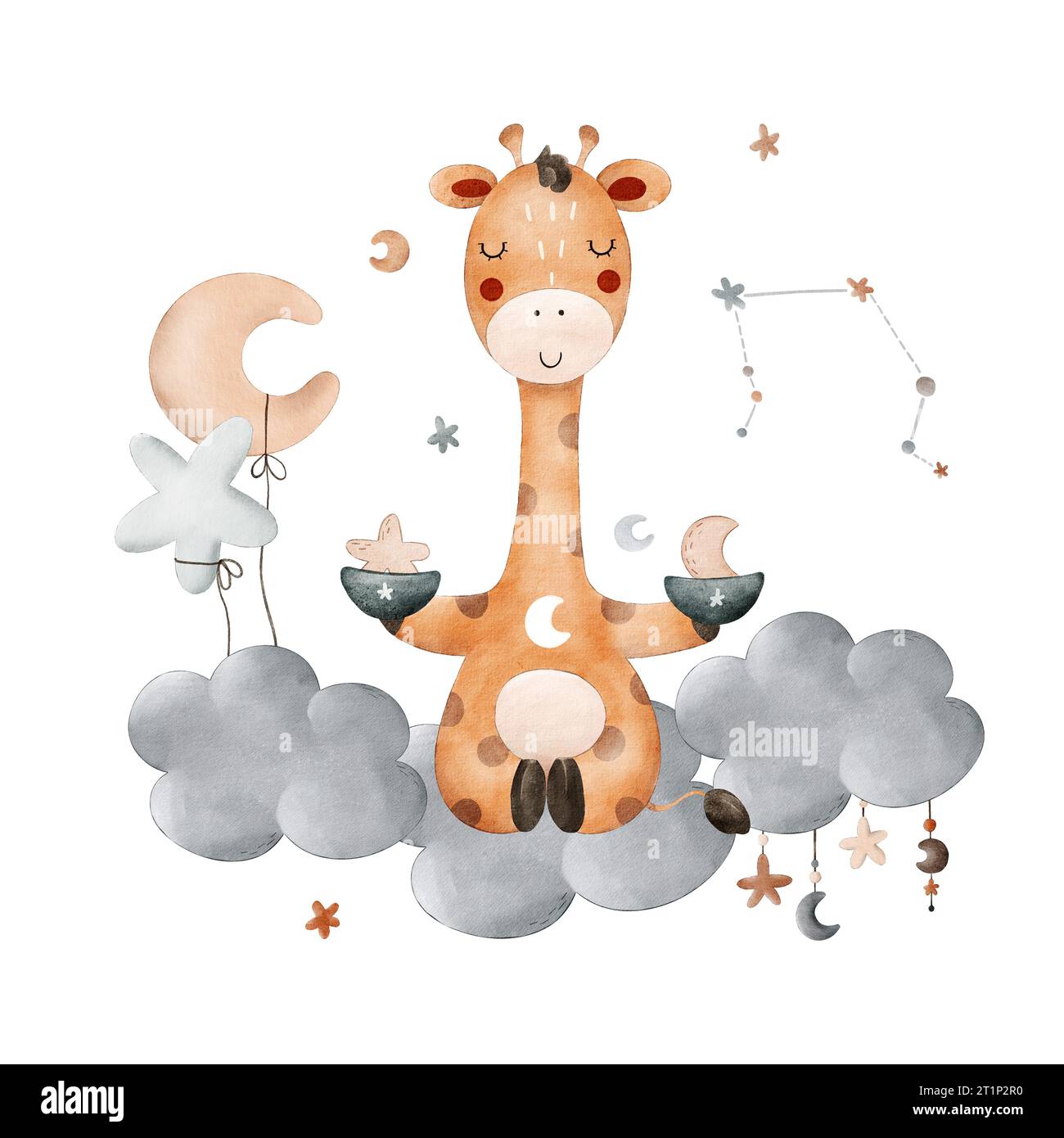 Niedliche Komposition für Kinder mit dem Tierkreiszeichen Libra, Giraffe, Wolke, Sternen, Mond und Sternbild. Zum Drucken, Verpacken, Ansichtskarten, Stockfoto