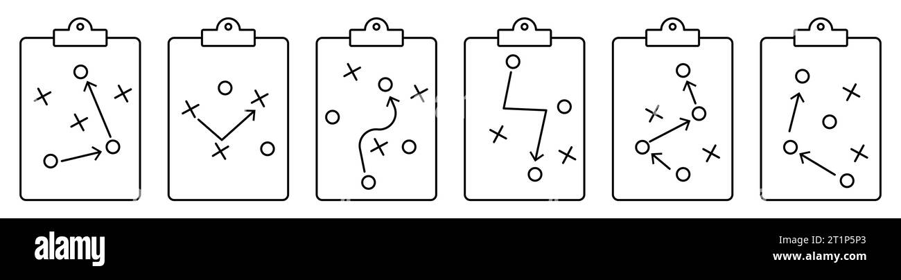 Symbole für den Spielplan in der Zwischenablage. Strategie-Board für Fußballtrainer. Vektorillustration isoliert auf weißem Hintergrund Stock Vektor