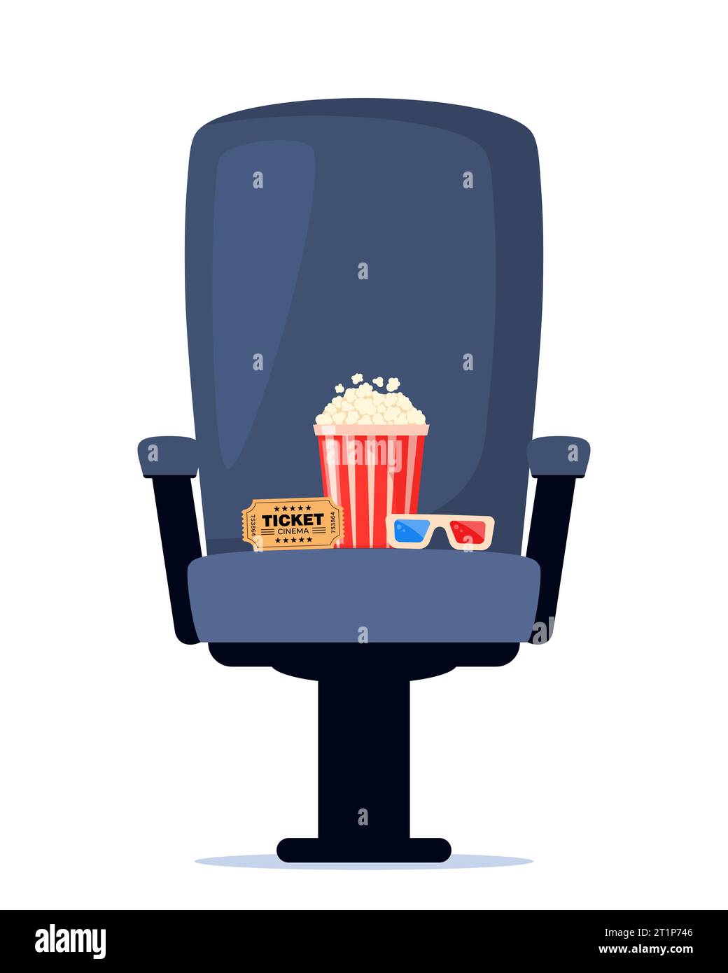 Kinosessel mit Limonade, Popcorn und 3D-Gläsern. Kinoplakat, Bannerdesign für Kino. Vektorabbildung Stock Vektor