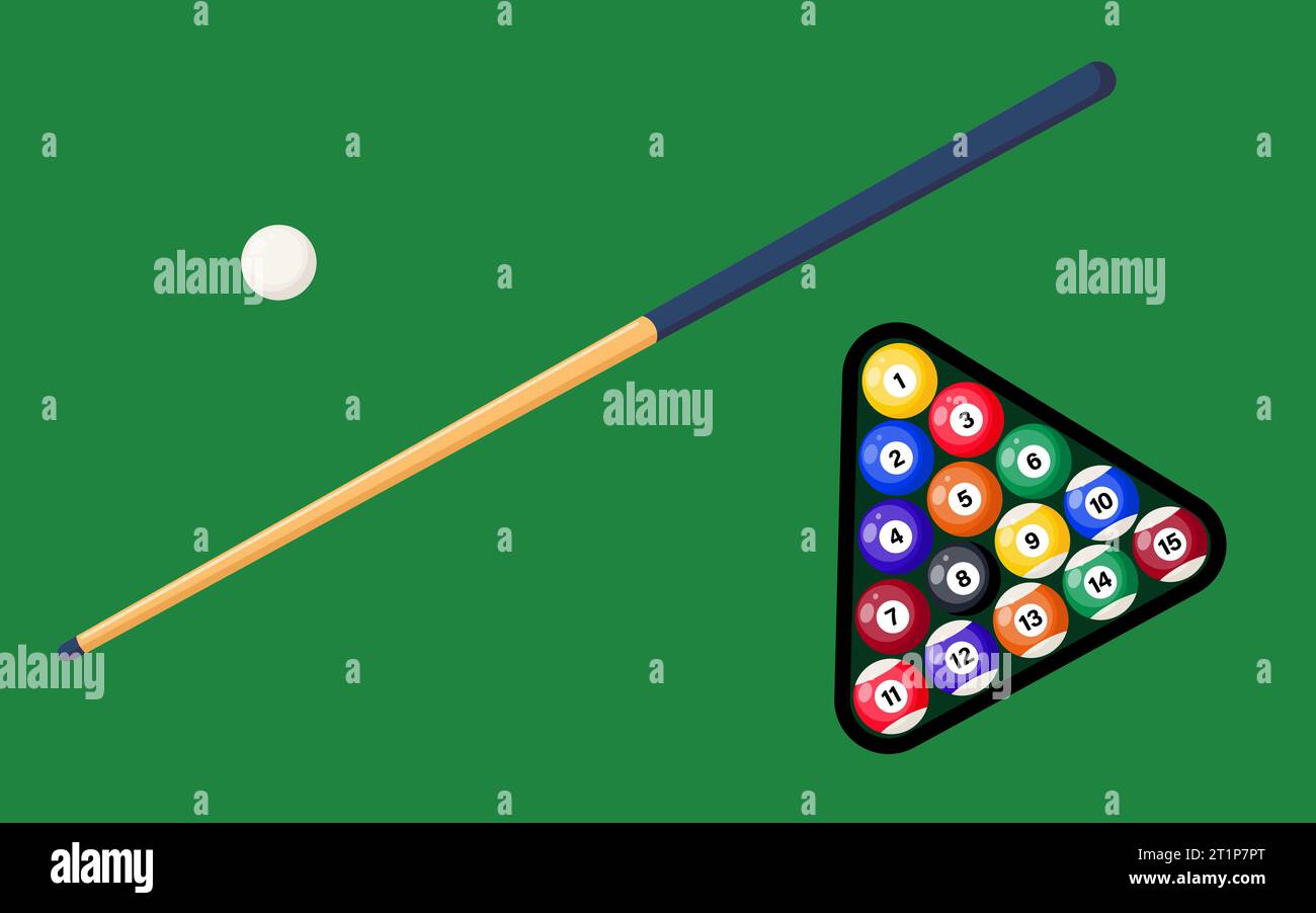 Billard und Billardbälle im Dreieck auf grünem Tisch. Billardbälle, Dreieck und Billardstock zum Spielen auf grünem Tisch. Vektorabbildung Stock Vektor