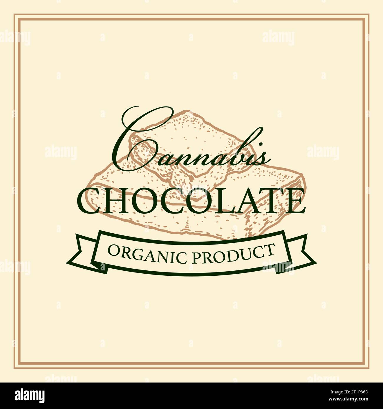 Verpackungsdesign für Cannabis-Schokolade. Marihuana-Logo-Vorlage mit handgezeichneten Elementen. Vektorabbildung im Skizzenstil Stock Vektor