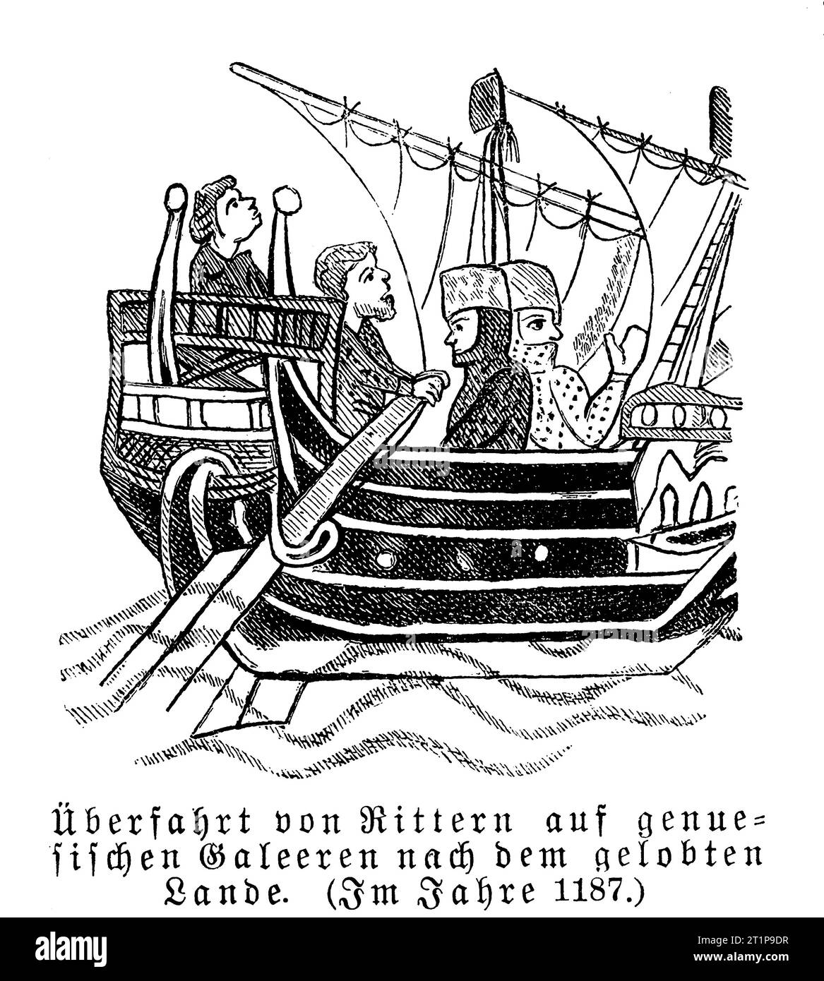 Seeüberquerung mittelalterlicher Ritter mit genuesischer Galeere ins Heilige Land, Jahr 1187 Stockfoto