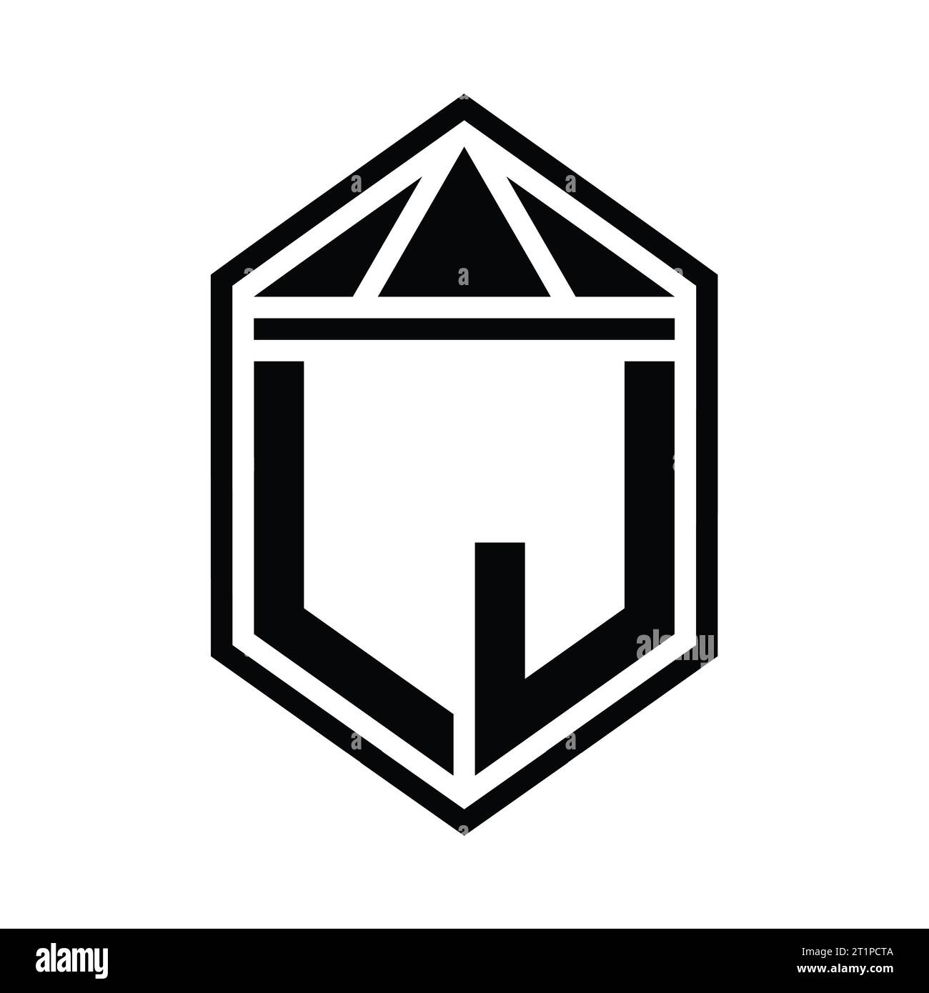 LJ Letter Logo Monogramm einfache sechseckige Schildform mit Dreieckskrone isolierte Designvorlage Stockfoto
