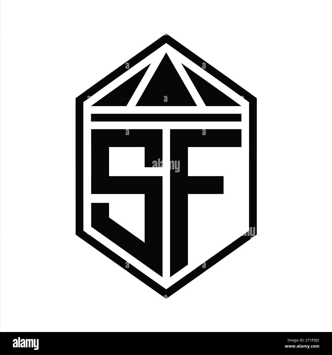 SF Letter Logo Monogramm einfache sechseckige Schildform mit Dreieckskrone isolierte Designvorlage Stockfoto