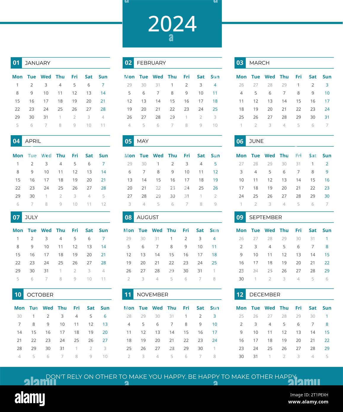 Kalender für 2024, 2024 Kalendervorlage, mit der Sie Ihre Kalenderentwürfe ganz einfach gestalten können. Einfaches Calendar 2024-Design Stockfoto