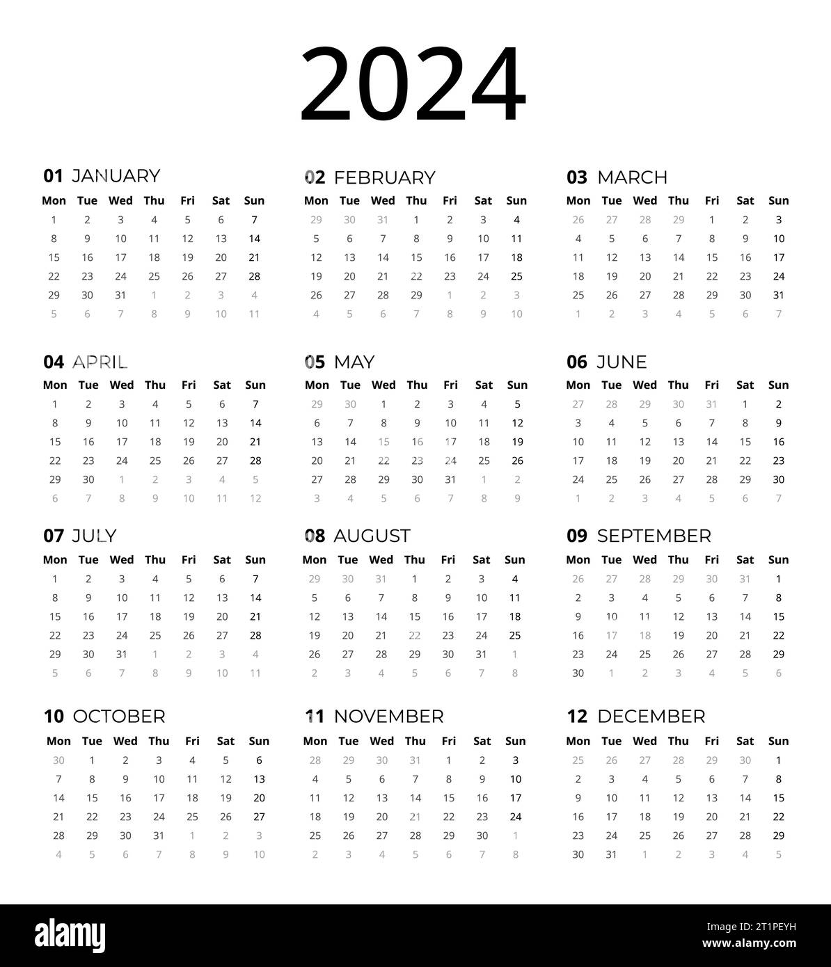 Kalender für 2024, 2024 Kalendervorlage, mit der Sie Ihre Kalenderentwürfe ganz einfach gestalten können. Einfaches Calendar 2024-Design Stockfoto