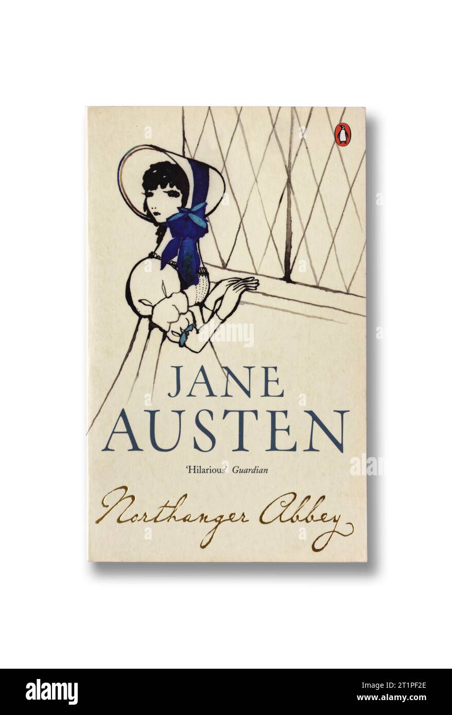 Roman 'Northanger Abbey' im Taschenbuch von Jane Austen; isoliertes Bild mit Schatten auf reinweißem Hintergrund Stockfoto