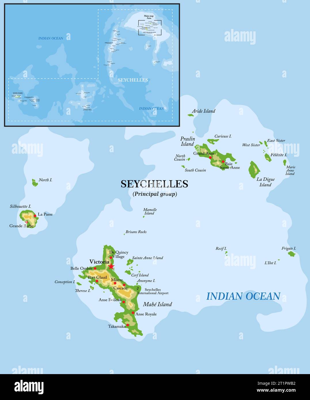 Sehr detaillierte physische Karte der Seychellen-Inseln im Vektorformat mit allen Reliefformen, Regionen und Großstädten. Stock Vektor