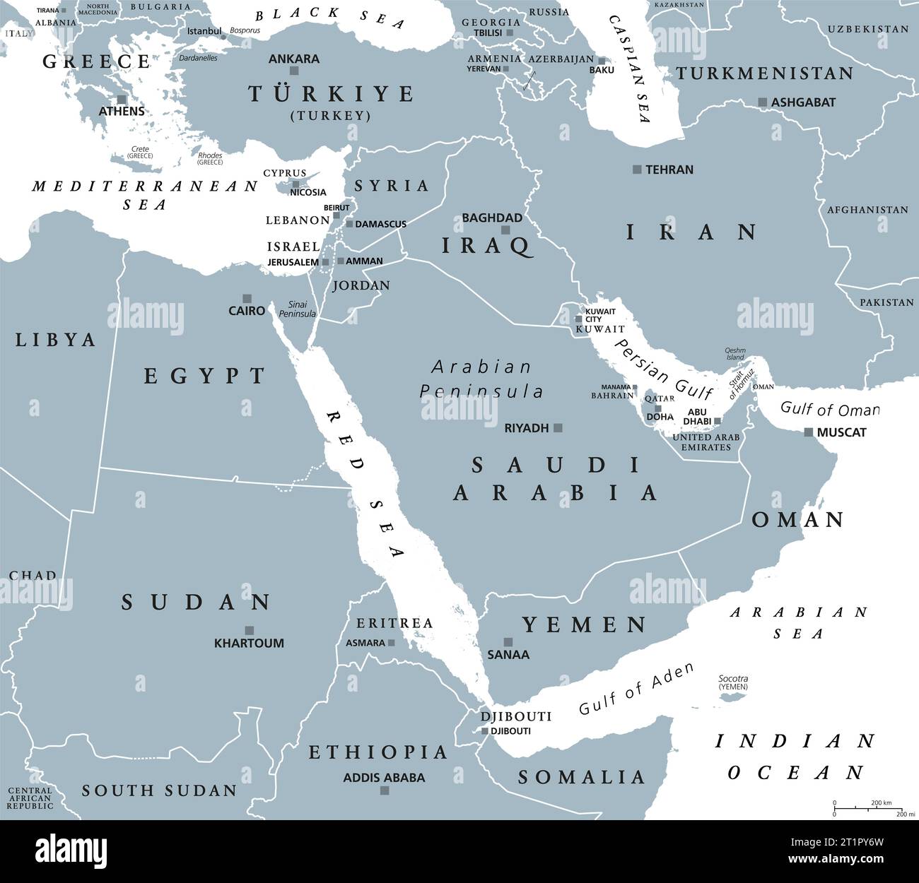 Der nahe Osten, graue politische Karte. Geopolitische Region, die die Arabische Halbinsel, die Levante, die Türkei, Ägypten, den Iran und den Irak umfasst. Naher Osten. Stockfoto