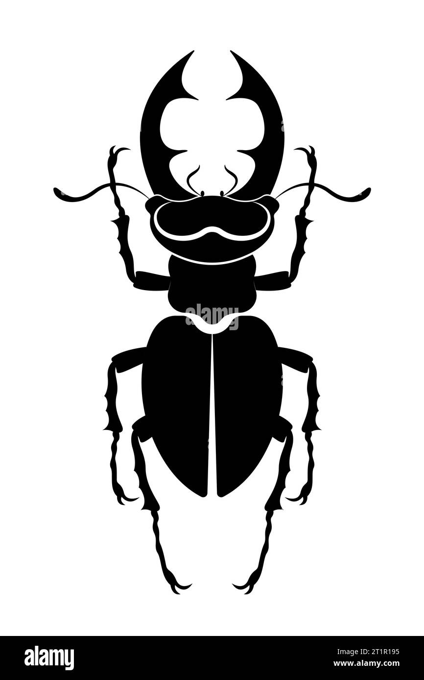 Schwarze Silhouette eines Hirschkäfers mit Hörnern. Lucanus cervus Vektorinsekte isoliert auf weißem Hintergrund Stock Vektor