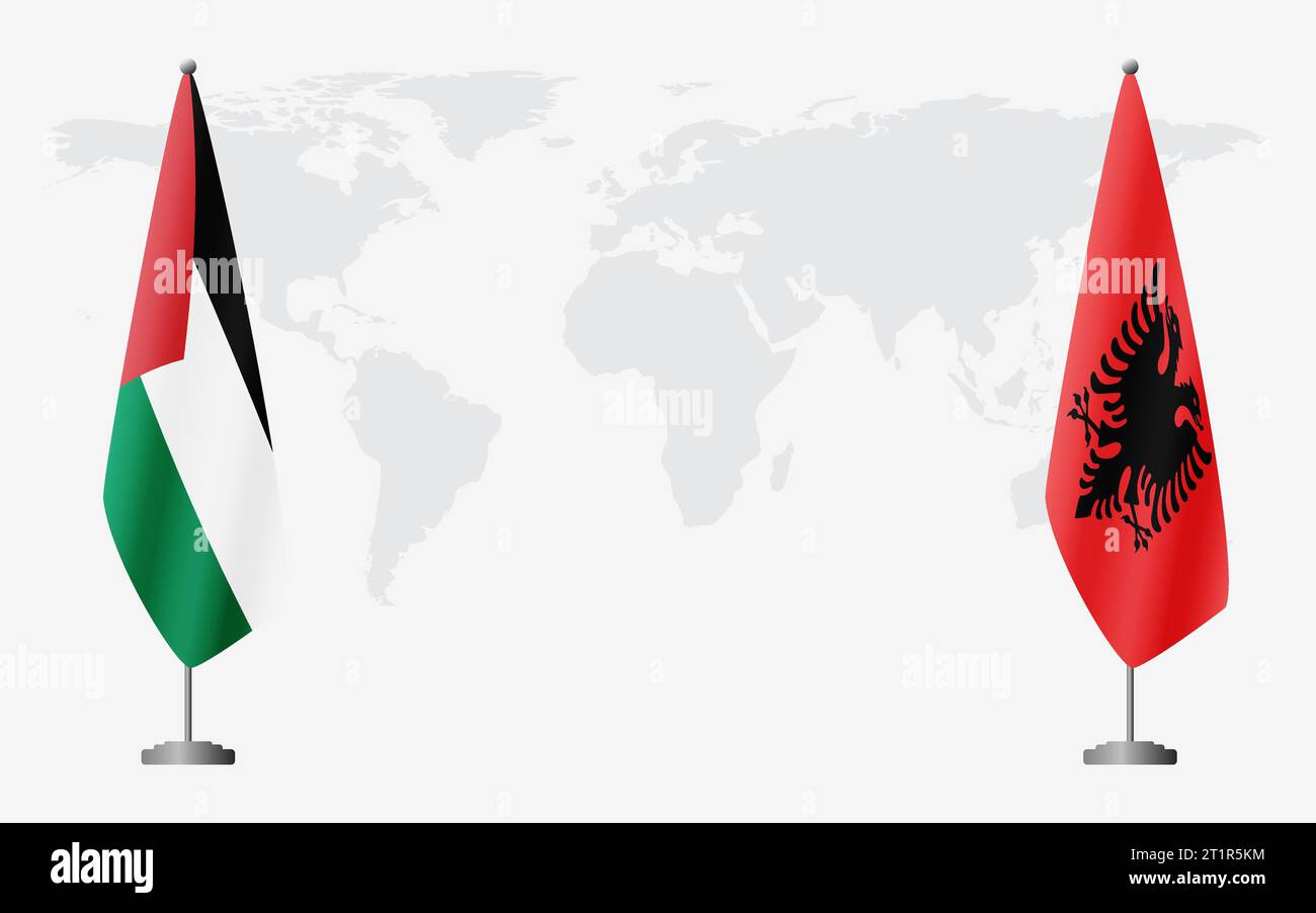 Palästinensische und albanische Flaggen für offizielle Treffen vor dem Hintergrund der Weltkarte. Stock Vektor