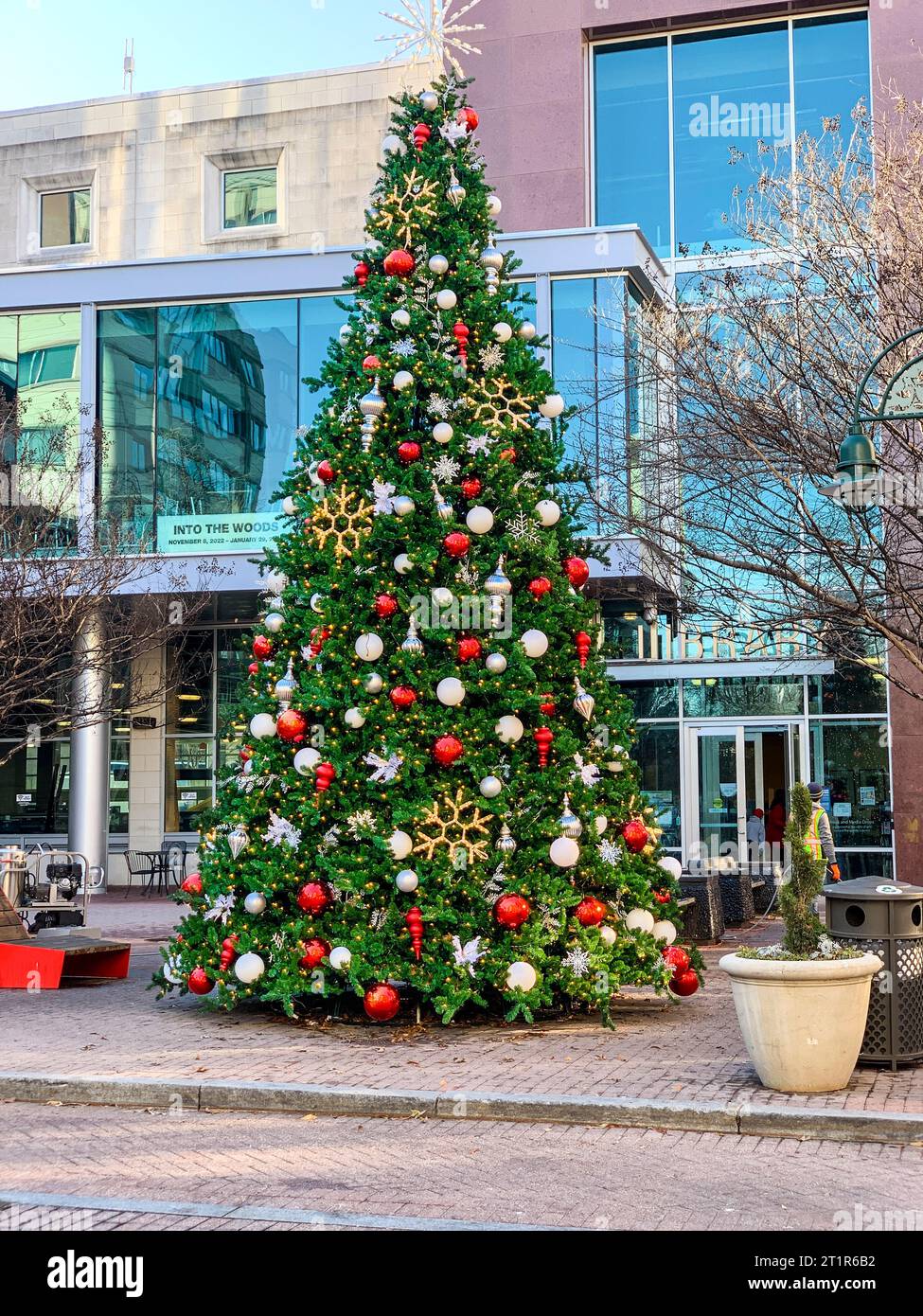 Weihnachtsbaumschmuck an der öffentlichen Straßenecke, Alexandria, Virginia, USA. Stockfoto