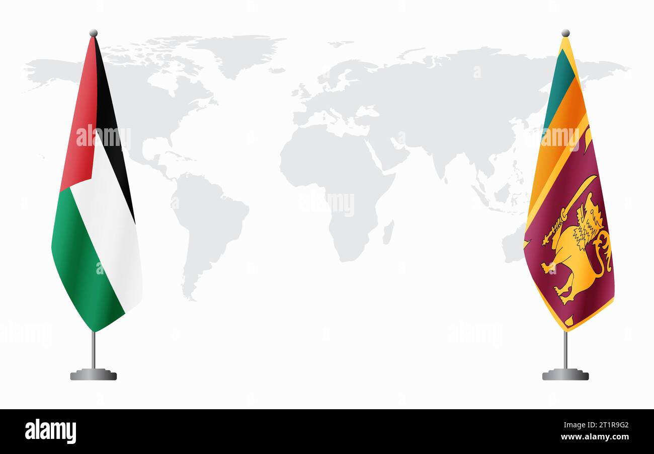 Palästinensische und Sri-Lanka-Flaggen für offizielle Treffen vor dem Hintergrund der Weltkarte. Stock Vektor