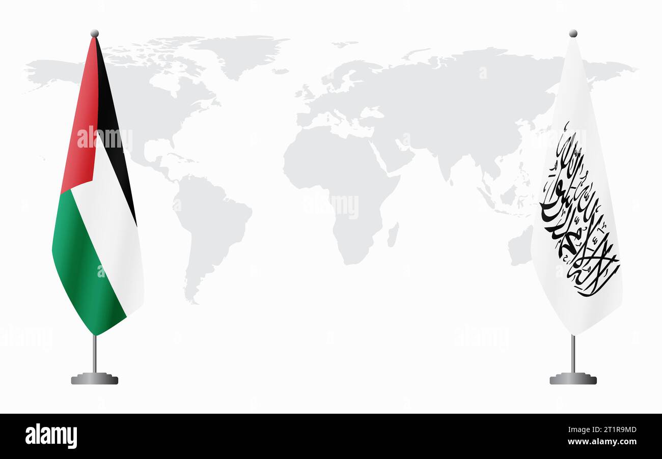 Palästinensische und afghanische Flaggen für offizielle Treffen vor dem Hintergrund der Weltkarte. Stock Vektor