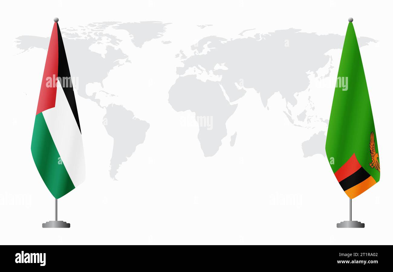 Palästinensische und sambische Flaggen für offizielle Treffen vor dem Hintergrund der Weltkarte. Stock Vektor