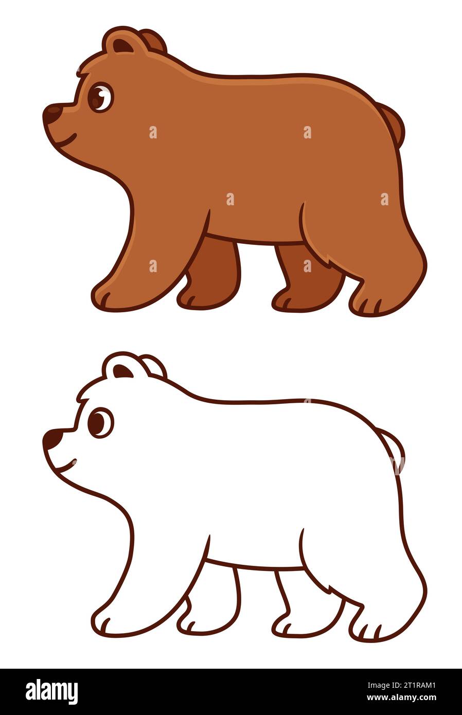 Niedliche Zeichentrick-Babybärenzeichnung. Braunbär, der in Profilansicht läuft. Farbige Zeichnung und Schwarzweiß-Strichgrafik zum Ausmalen. Vektorclip-Illustrat Stock Vektor