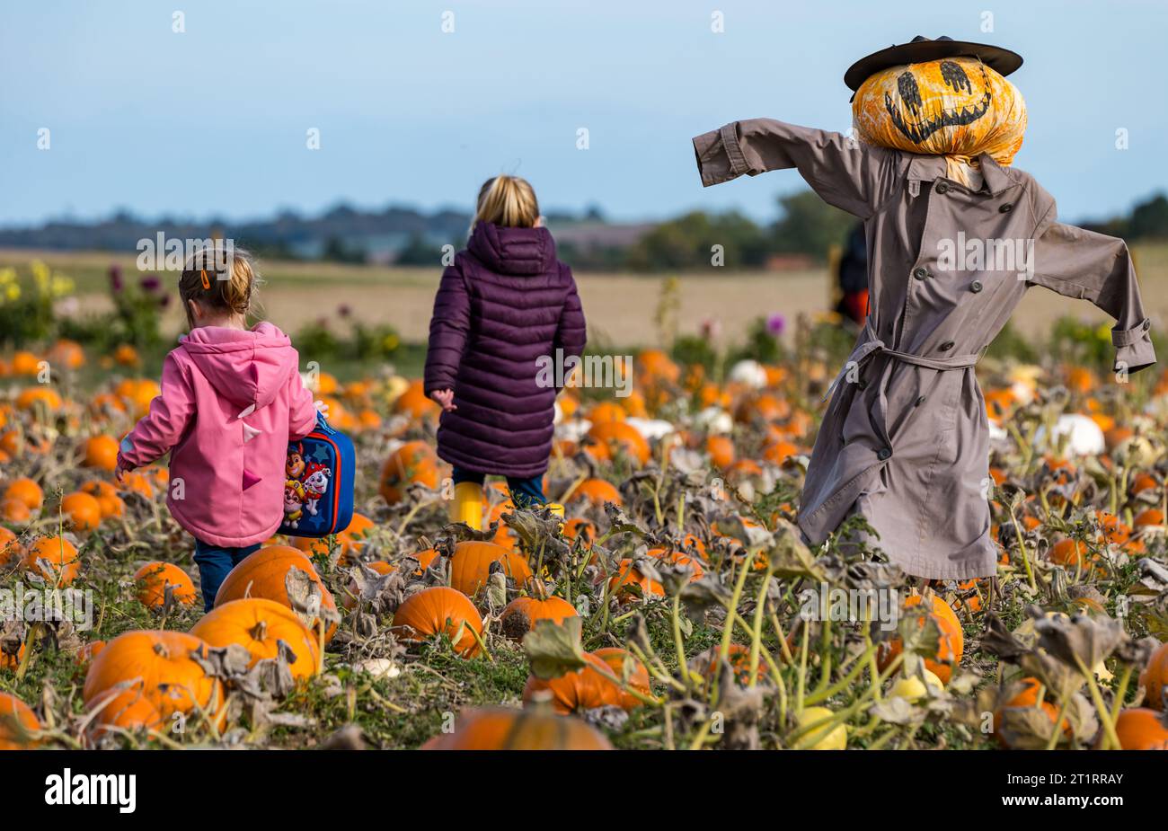 Kilduff Farm, East Lothian, Schottland, Großbritannien, 15. Oktober 2023. Kürbis Patch Festival: Das beliebte Kürbis Patch wird an diesem Wochenende eröffnet, wo Besucher die kulinarischen Kürbisse und Halloween bei sonnigem Wetter genießen. Im Bild: Eine schrullige Kürbisscheuche unterhält ein kleines Kind. Quelle: Sally Anderson/Alamy Live News Stockfoto