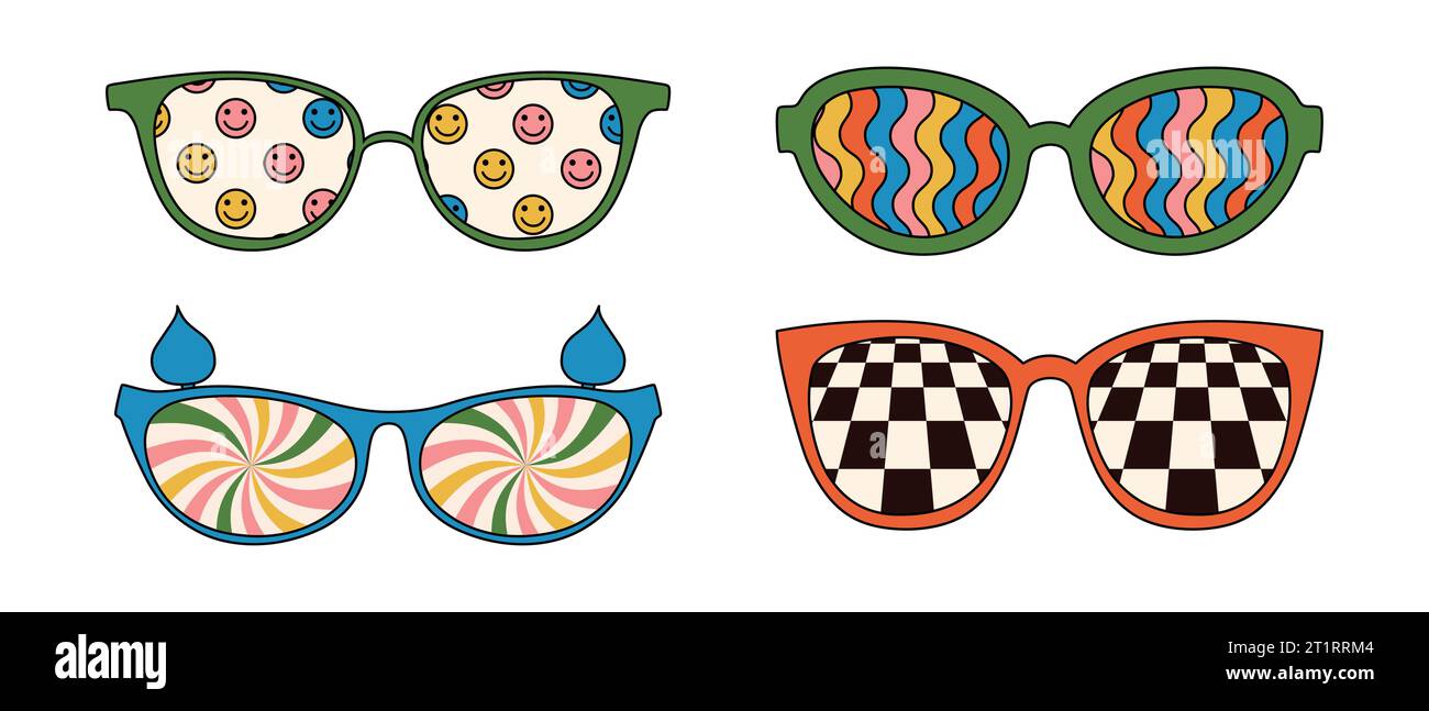Retro-Sonnenbrille mit groovigen Prints und psychedelischen Farben. Vektorabbildungen isoliert auf weißem Hintergrund Stock Vektor
