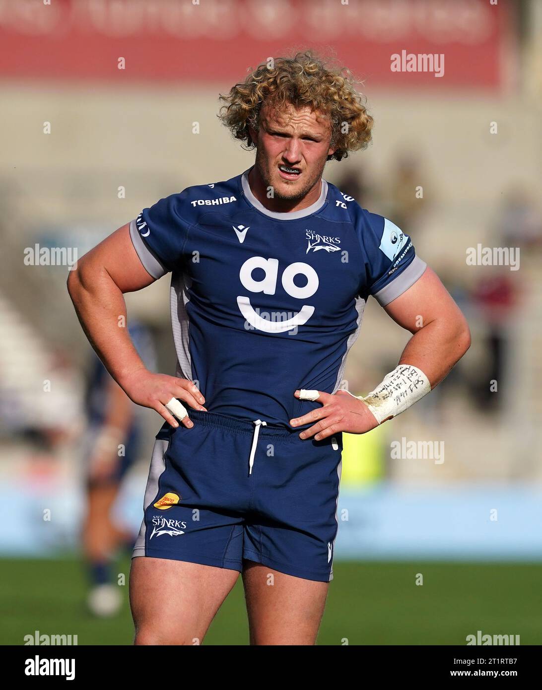 Sale Sharks' Ross Harrison während des Gallagher Premiership Matches im AJ Bell Stadium, Sale. Bilddatum: Sonntag, 15. Oktober 2023. Stockfoto