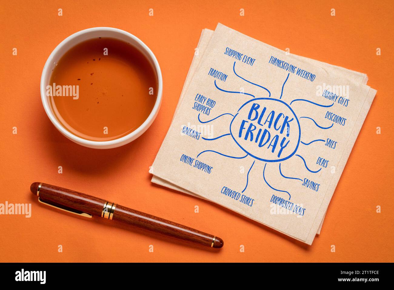 Black Friday, traditionelles Shopping-Event während des Thanksgiving-Wochenendes – Infografiken oder Mindmap-Skizzen auf einer Serviette mit Tee Stockfoto