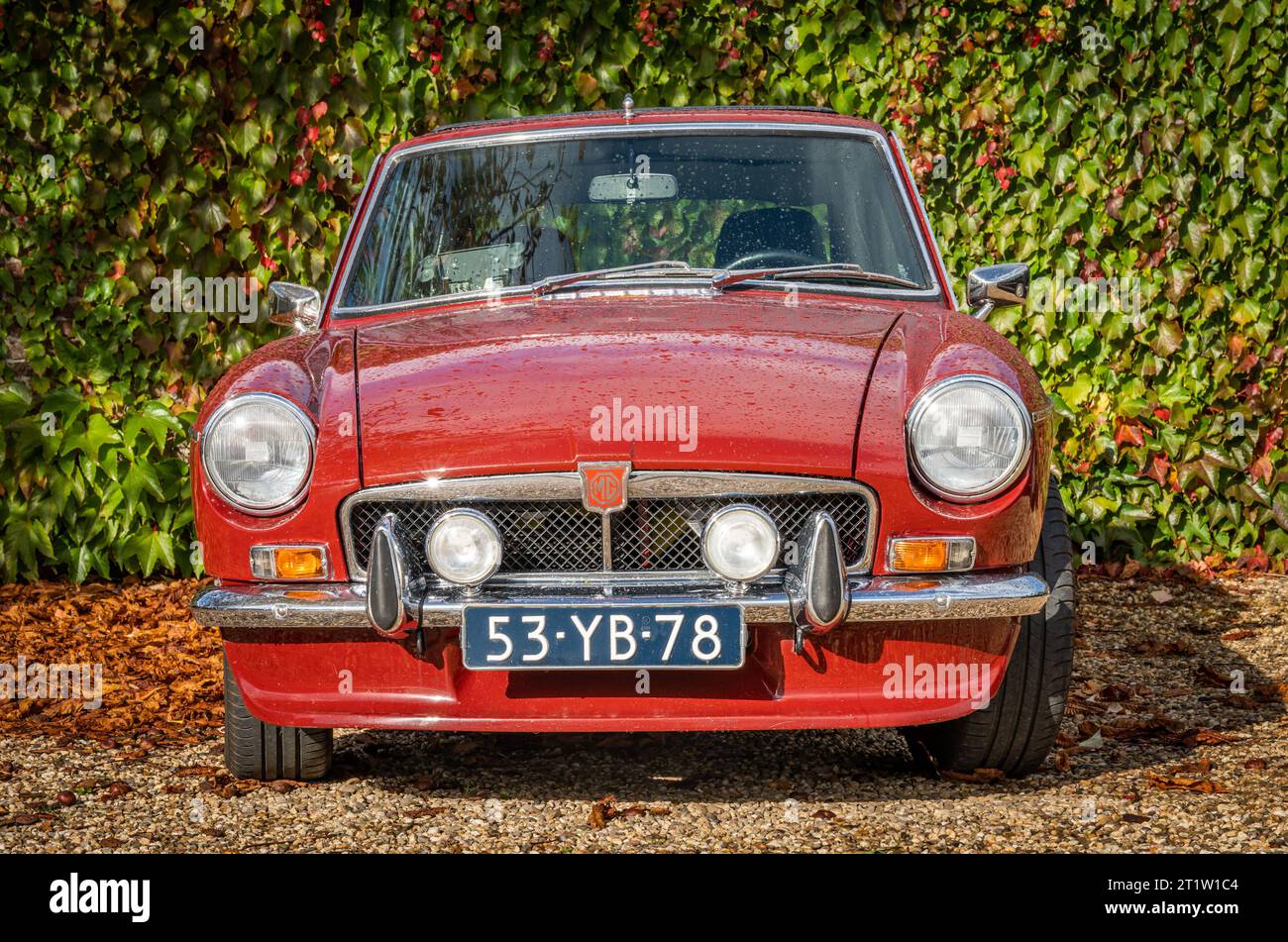 Brummen, Niederlande, 14.10.2023, Vorderansicht des Oldtimers MG MGB GT V8 von 1973 in der Galerie Aaldering Stockfoto