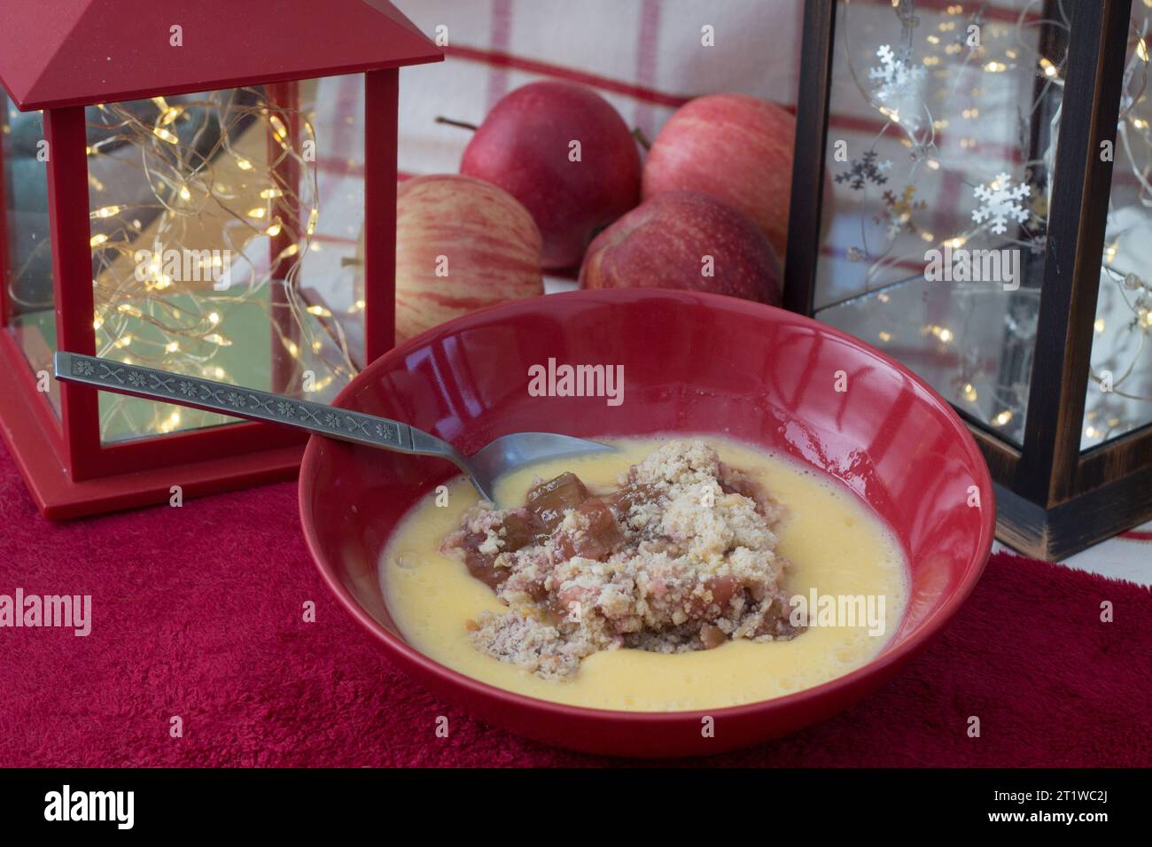 Deftiger Winterpudding aus Apfel und Rhabarber in einer Schüssel mit Vanillepudding Stockfoto