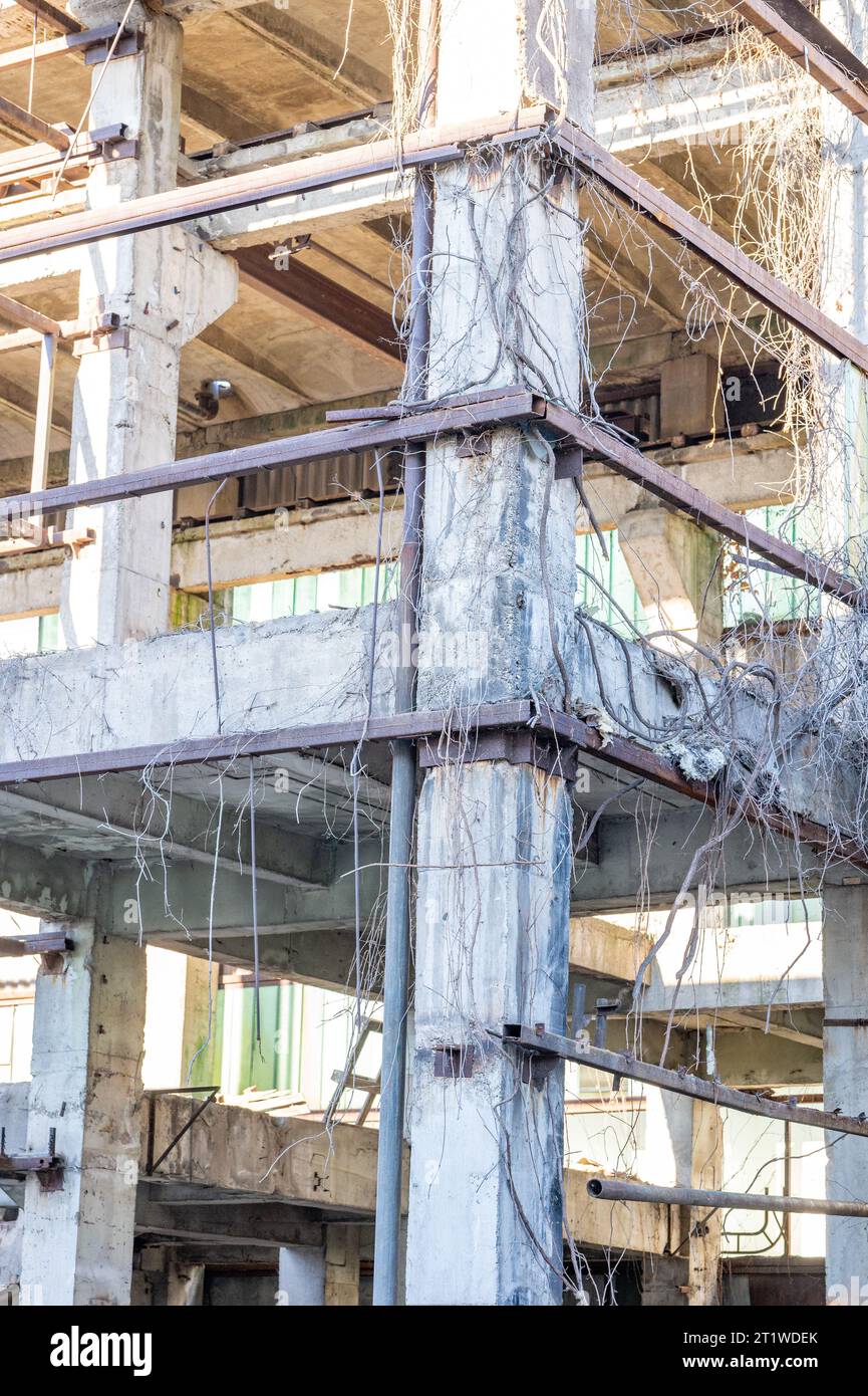 In den Ruinen einer alten Fabrik in Rumänien aus kommunistischer Zeit. Betreten Sie eine verlassene alte Fabrik in Osteuropa. Nicht demontierte Gebäude von Stockfoto