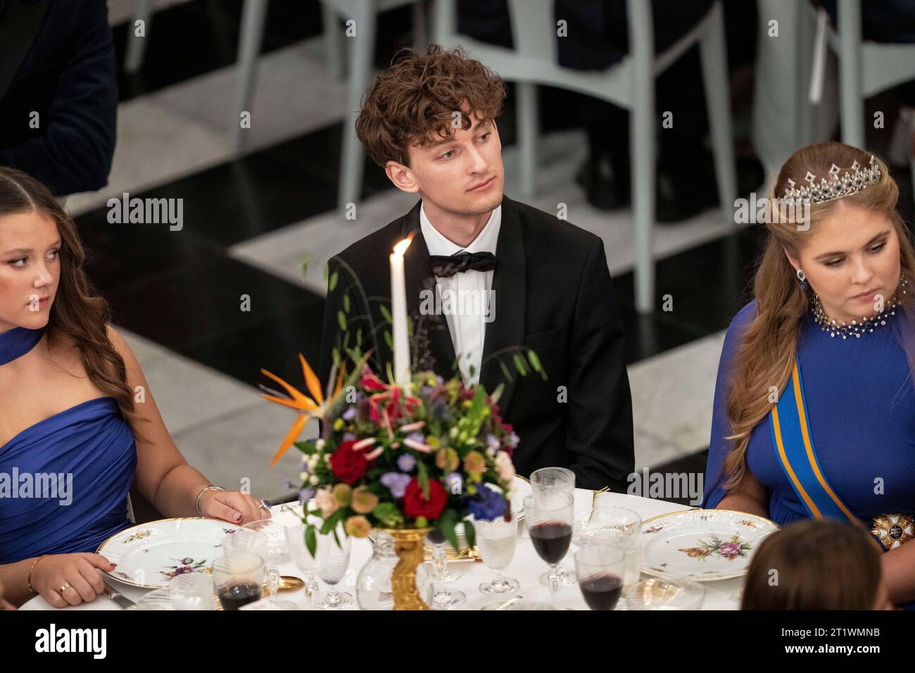 Princess Isabella, Emil Obel and Princess Catharina-Amalia of the Netherlands during Prince Christian's 18th birthday gala dinner at Christiansborg Castle in Copenhagen, Sunday, Oct. 15, 2023. (Mads Claus Rasmussen/Ritzau Scanpix via AP) Stockfoto