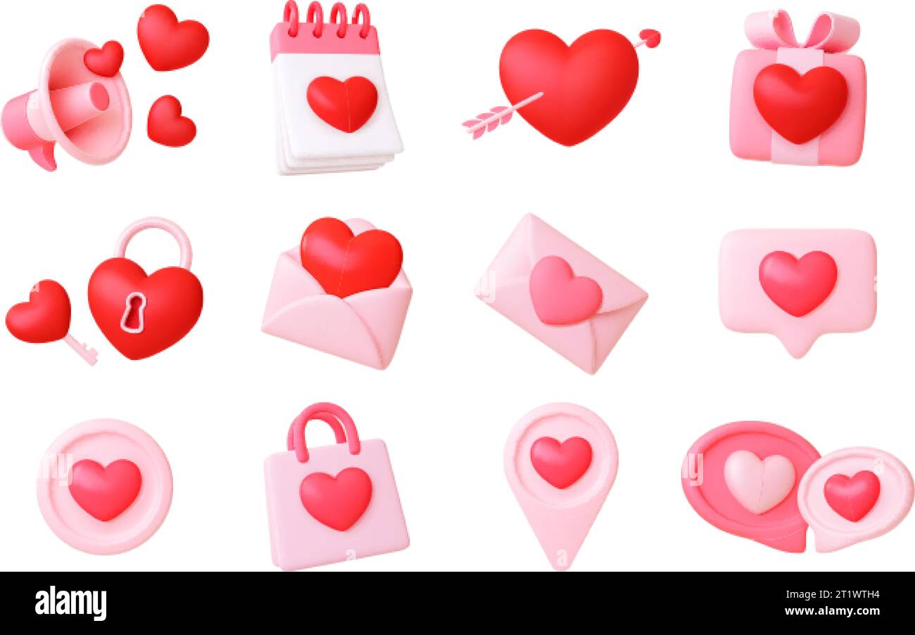 3D-Liebessymbole. Soziale Medien verschiedene Symbole mit Herzen. Nachrichten-, Megaphon- und Sprachblasen. Valentinstag, Hochzeit, romantisches pithelisches Vektor-Set Stock Vektor