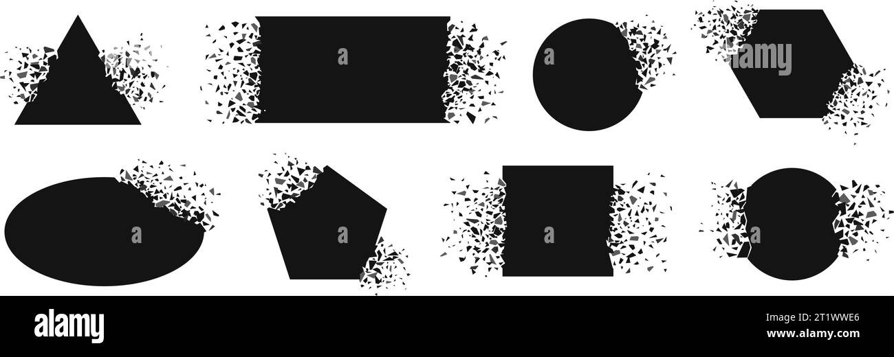 Formexplosion, Rahmen explodiert und Partikel sprühen. Schwarzes Quadrat, Kreis und Dreieck explodieren. Zersplitterter Kunststoff, gebrochene Oberfläche Race Vector Set Stock Vektor