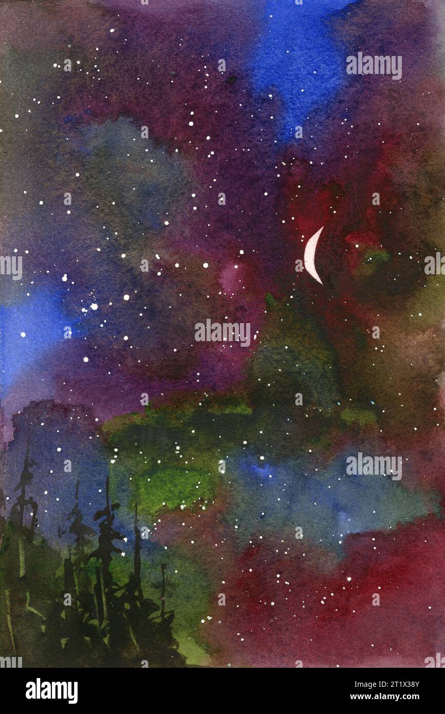 Aquarellmalerei Sternenhimmel Halbmond Mond Kinderzimmer Kunstwerke, trendige Wandkunst handgefertigte Artikel buntes Dekor giclee Stockfoto