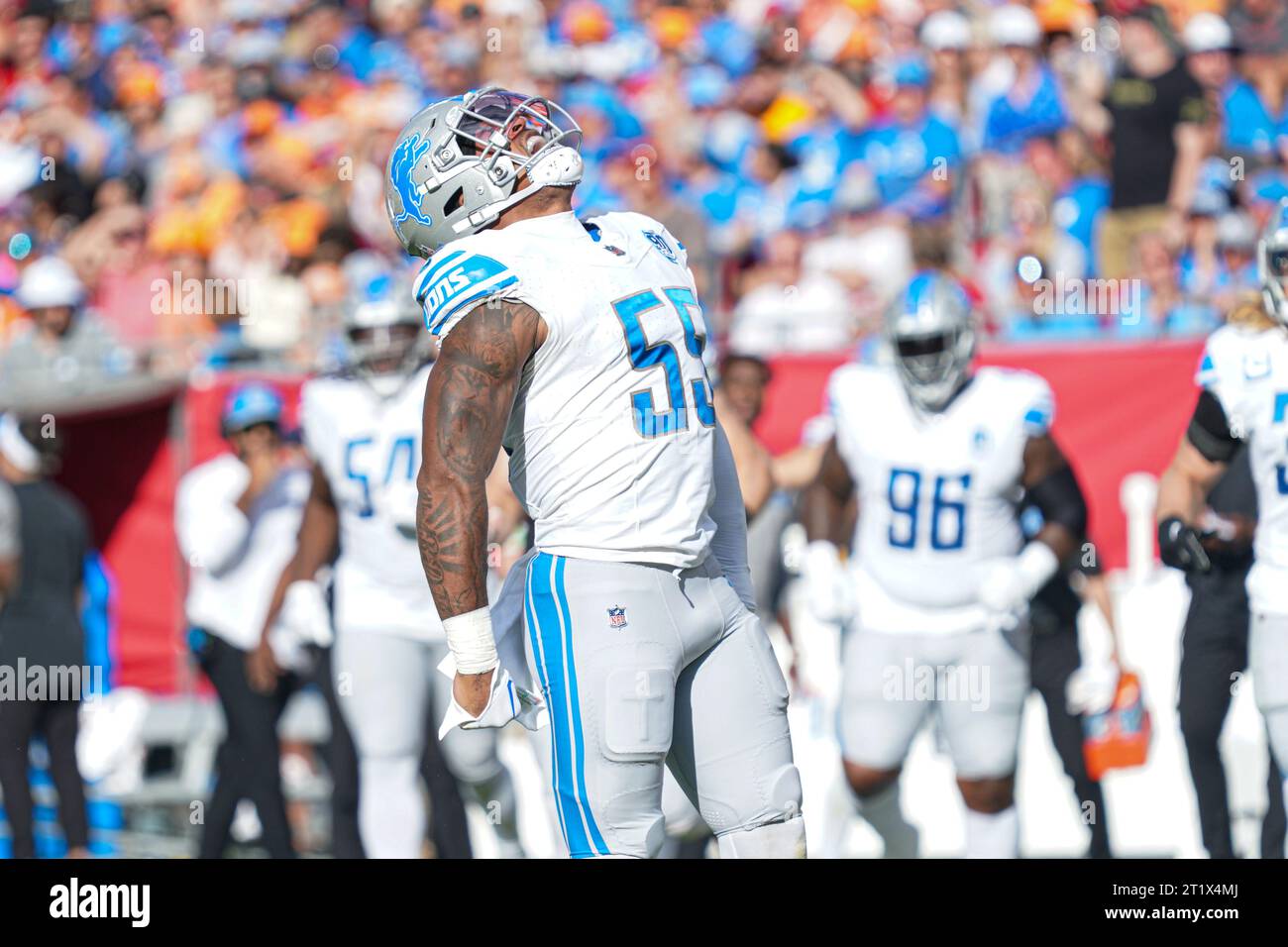Tampa Bay, Florida, USA, 15. Oktober 2023, Derrick Barnes, Linebacker der Detroit Lions, feiert, nachdem er in der ersten Halbzeit im Raymond James Stadium ein Tackle gemacht hat. (Foto: Marty Jean-Louis/Alamy Live News Stockfoto