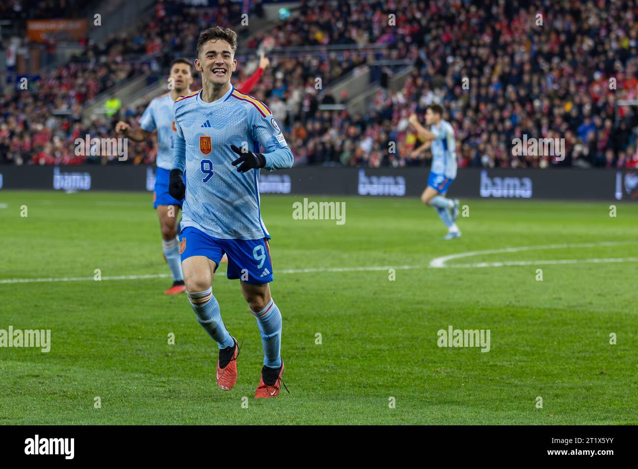 Oslo, Norwegen 15. Oktober 2023 Pablo Martin Paez Gavira aus Spanien und Barcelona fc feiert sein Seitentor bei der Qualifikation zur UEFA-Europameisterschaft 2024 Gruppe A Spiel zwischen Norwegen und Spanien im Ullevaal Stadion in Oslo, Norwegen Credit: Nigel Waldron/Alamy Live News Stockfoto