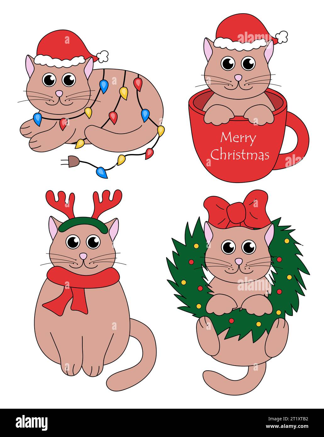 Set mit Zeichentrickfiguren zu Weihnachten und Neujahr. Süße Kätzchen in Tasse, Girlande, Hirschgeweih Stirnband, Kranz. Illustration der Vektorabwicklung. Stock Vektor