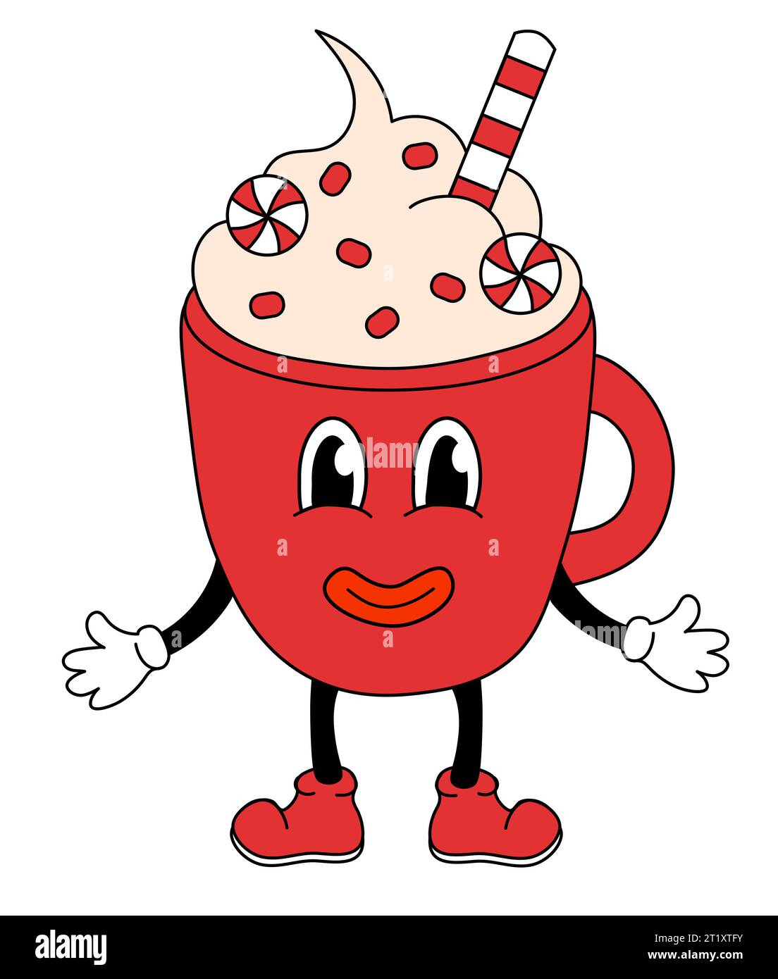 Retro 70er 60er 80er Jahre Hippie Groovy Christmas Cup Charakter. Illustration der Vektorabwicklung. Stock Vektor