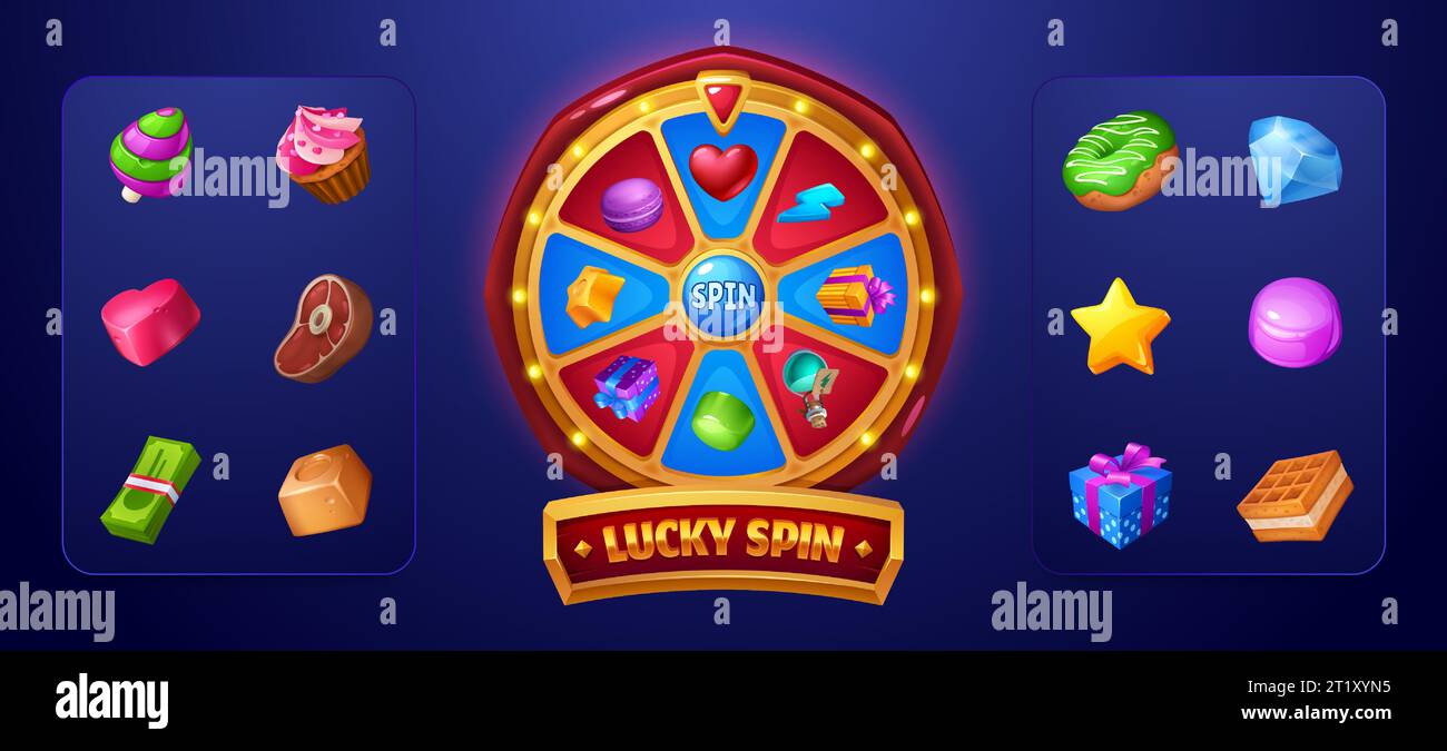 Lucky Spin Game Design Elemente isoliert auf blauem Hintergrund. Vektor-Zeichentrickillustration des Lottorads mit Preissymbolen, Geld, Edelstein, Fleisch, süßer Kuchen, Geschenkbox, Casino Roulette, Glücksspiel-App Stock Vektor