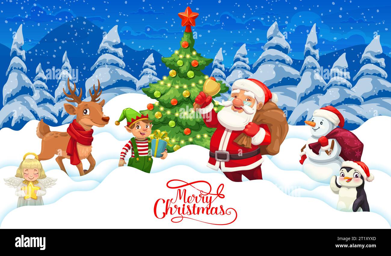 Cartoon Santa und Weihnachtsfiguren auf Weihnachtspapier schneiden Schnee. Weihnachtsgrußkarte, Neujahrspapier geschnittene Vektorfahne oder Hintergrund mit Weihnachtsmann, Elf, Hirsch, Schneemann und Engel nette Persönlichkeiten Stock Vektor