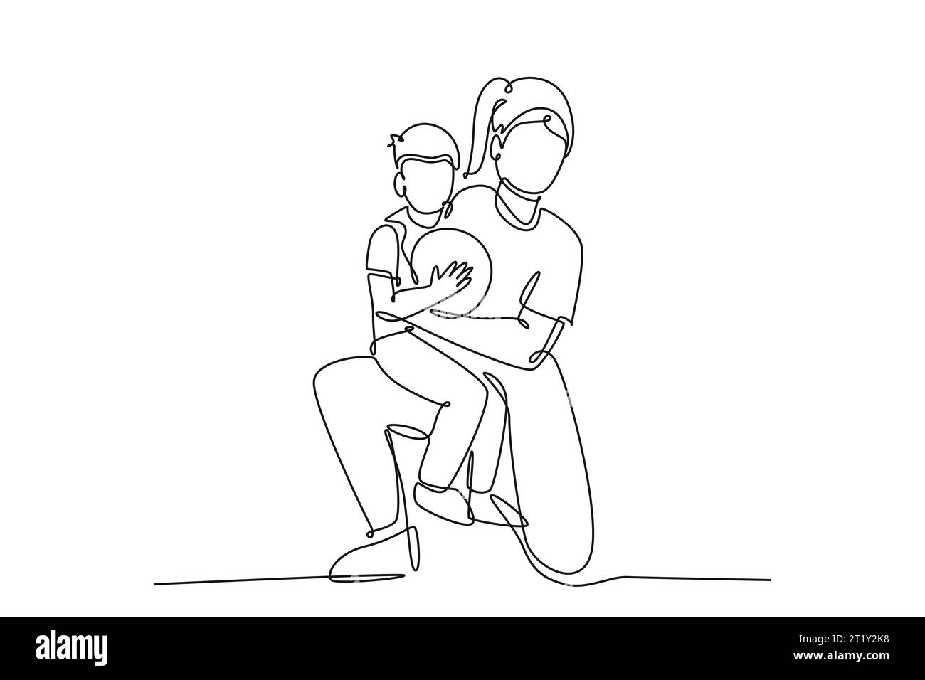 Eine einzige Zeichnung einer jungen, glücklichen Mutter, die ihr Kind umarmt, das einen Basketballball auf dem Basketballfeld trug. Das Familienkonzept der Eltern. Moderne konti Stockfoto