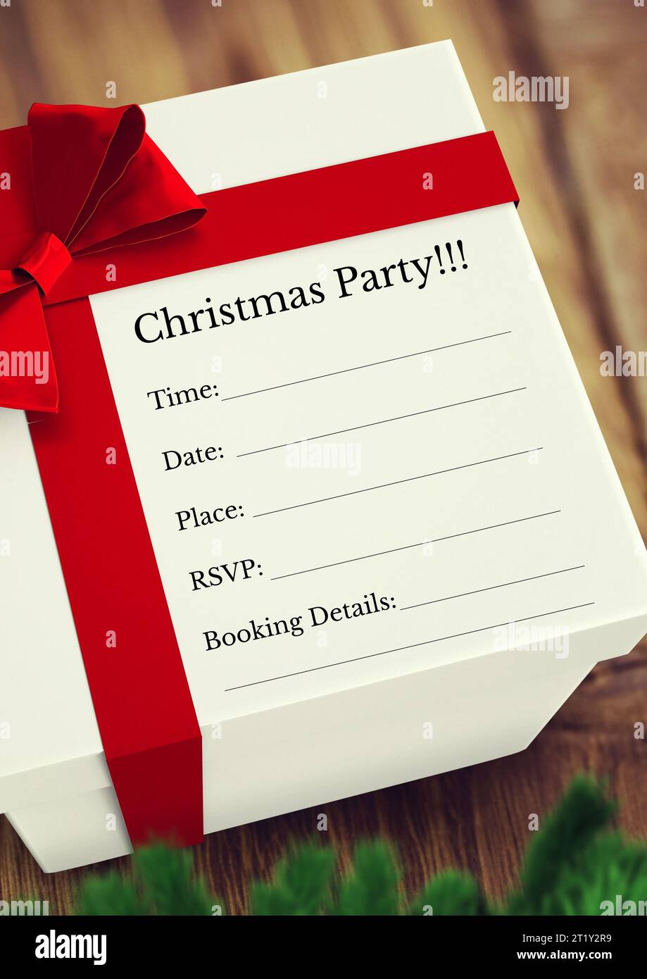 Weihnachtsgeschenkkasten mit weihnachtsfeier, Datum, Uhrzeit, Ort, rsvp, Text für Buchungsdetails Stockfoto